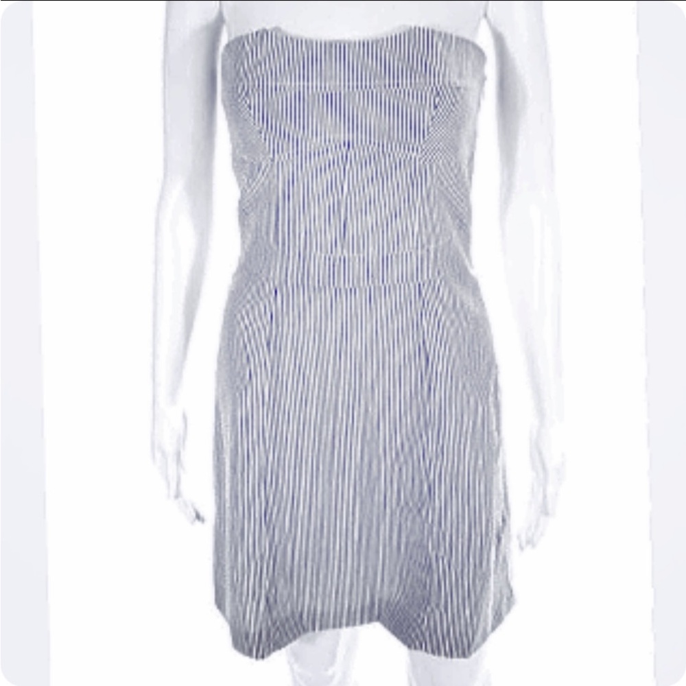 Josephine Strapless Seersucker sundress fitted Blue White stripe, lined, zip SzL
